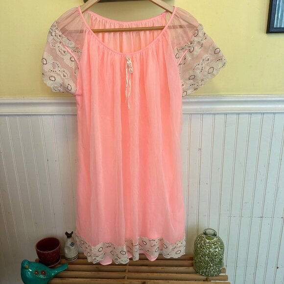 Vintage Pink Sheer Nightgown With Lace Sleeves & Embroidery Details - Picture 1 of 11